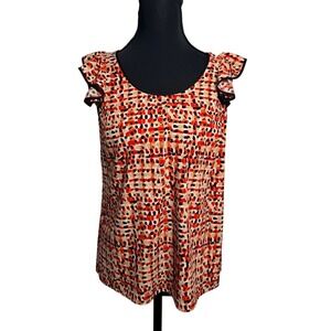 Ann Taylor‎ Petite Orange Geometric Abstract Flutter Sleeve Blouse Top 4P